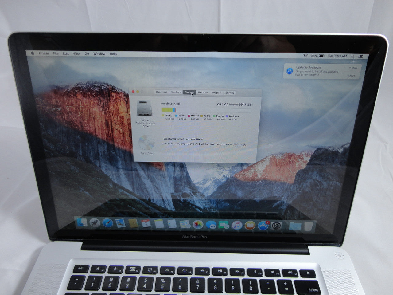 Apple MacBook Pro MB986LL/A 15.4-Inch Laptop 2.8GHz 8GB DDR3 Memory 100GB SSD (Solid State Drive) DVD Burner Mac OS El Capitan VG