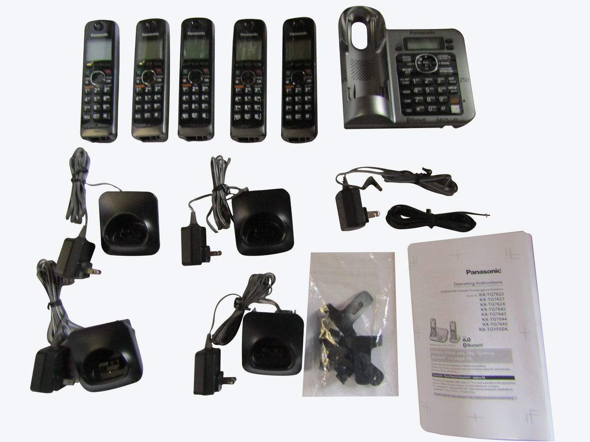 Panasonic KX-TG155SK DECT 6.0 Link-to-Cell via Bluetooth Cordless Phone with Answering System, Metallic Gray, 5 Handsets G