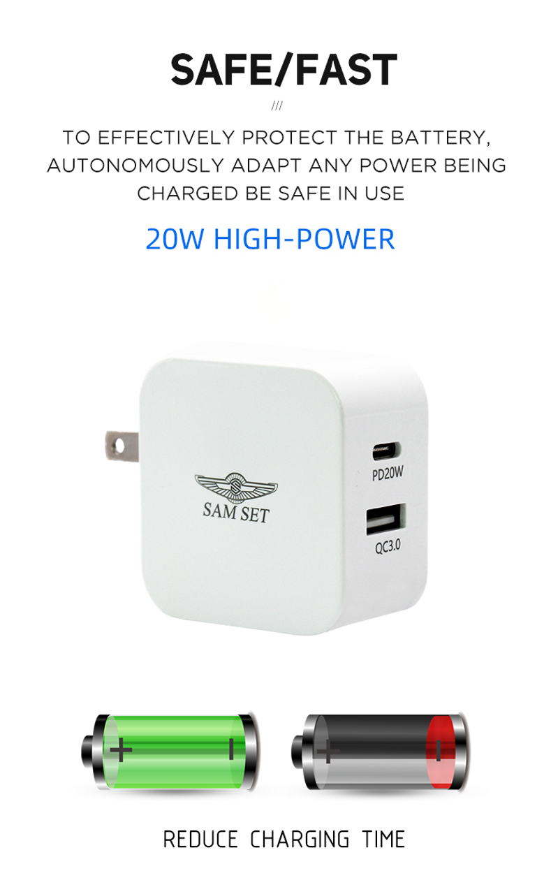 SAM SET USB C QC 3.0 Dual Port 20W Fast Wall Charger Foldable Plug Portable Travel Power Adapter Compatible with iPhone 12/12 Mini/12 Pro Max/11/Pro Max/XS/XR/X,iPad,AirPods,Samsung,Pixel and More