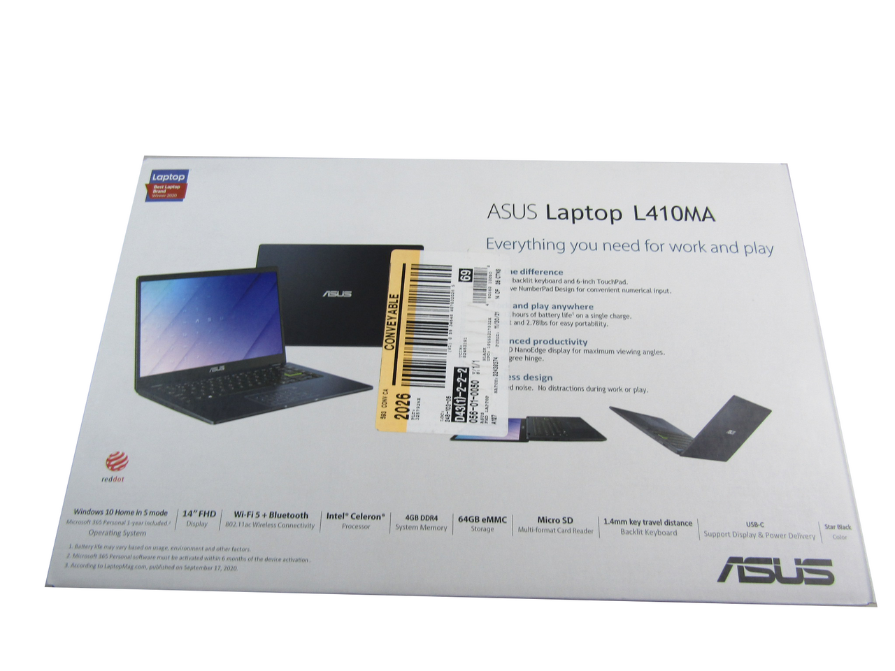 ASUS L410 L410MADB02 14" Notebook HD 1920 x 1080 intel Celeron N4020 1.10 GHz 4 GB RAM 64 GB Flash Memory