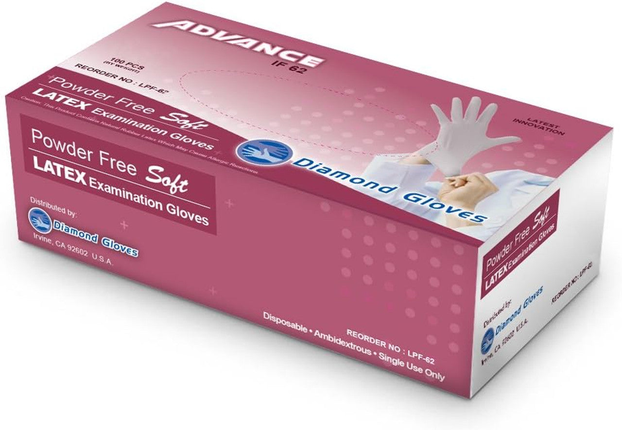 Diamond Advance Latex Examination Powder Free Gloves (Medical) Natural White, 6.2g, 6 mil, CE, FDA, Case of 10 boxes, 100/box (Maximum Protection) - SMALL