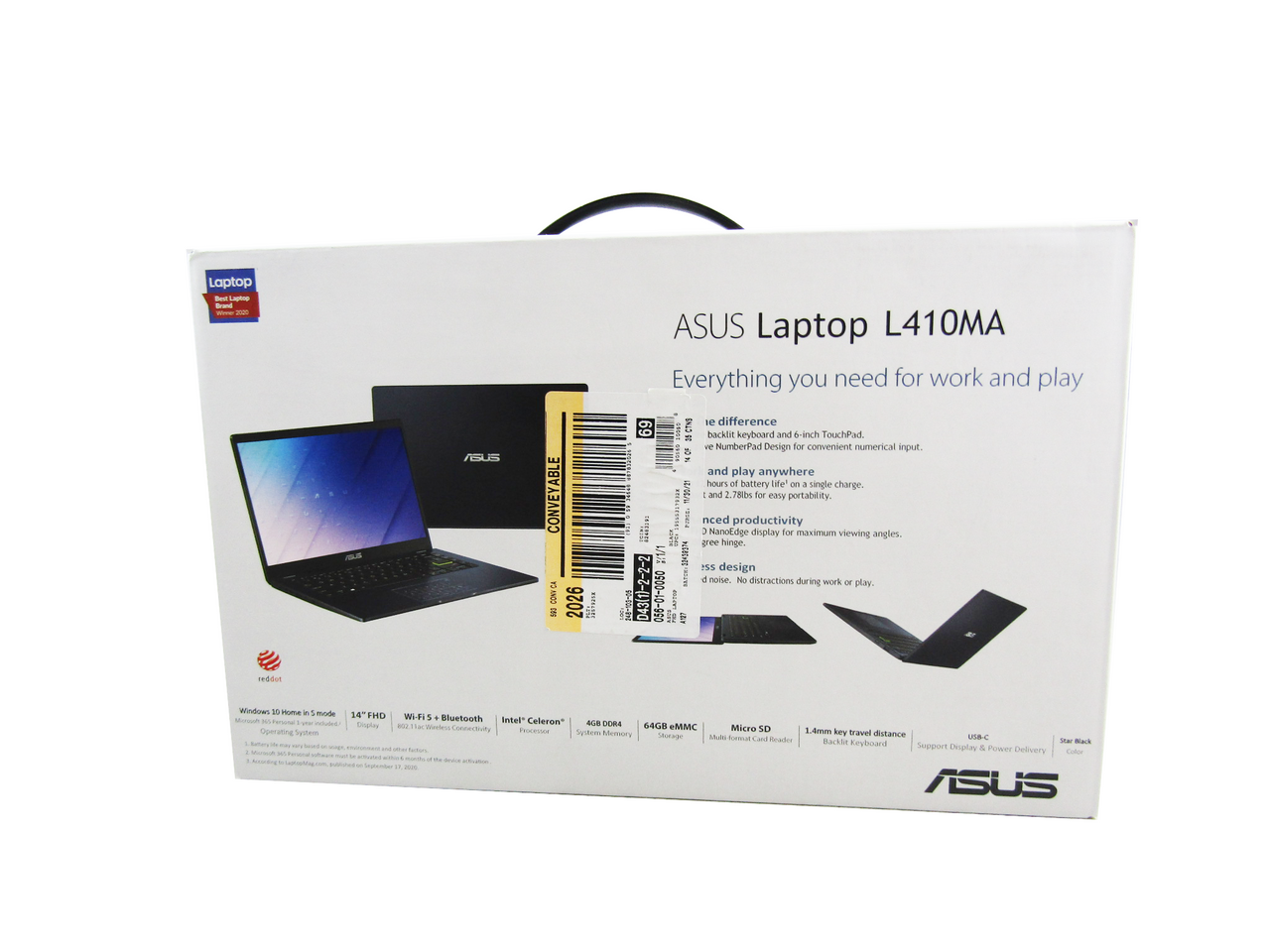 ASUS L410 L410MADB02 14" Notebook HD 1920 x 1080 intel Celeron N4020 1.10 GHz 4 GB RAM 64 GB Flash Memory