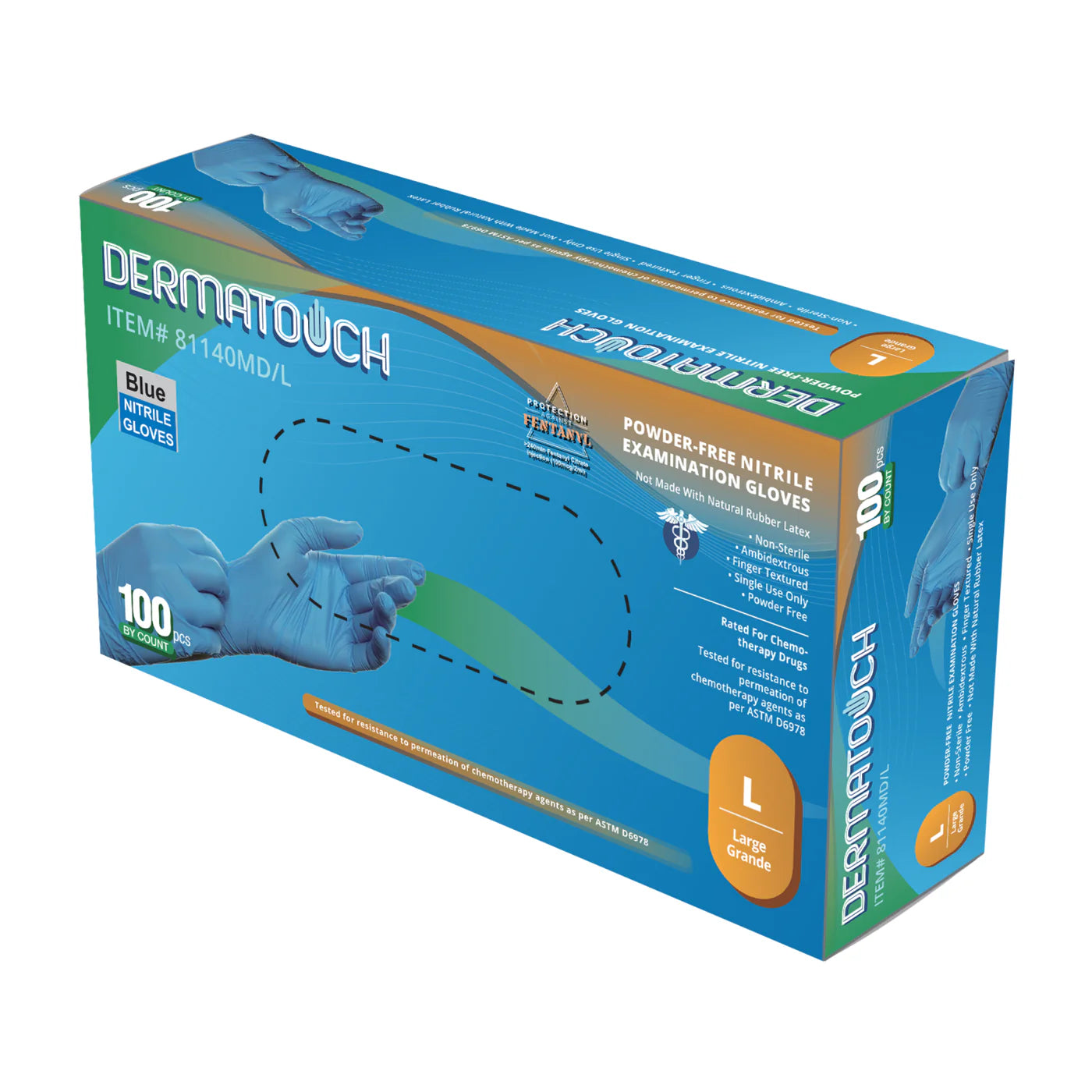 DERMATOUCH Nitrile Examination Disposable Gloves, Powder-Free, 4.5 Mil, Blue - Model 81140MD - 1 Case (10 Boxes / 1000 Pieces)