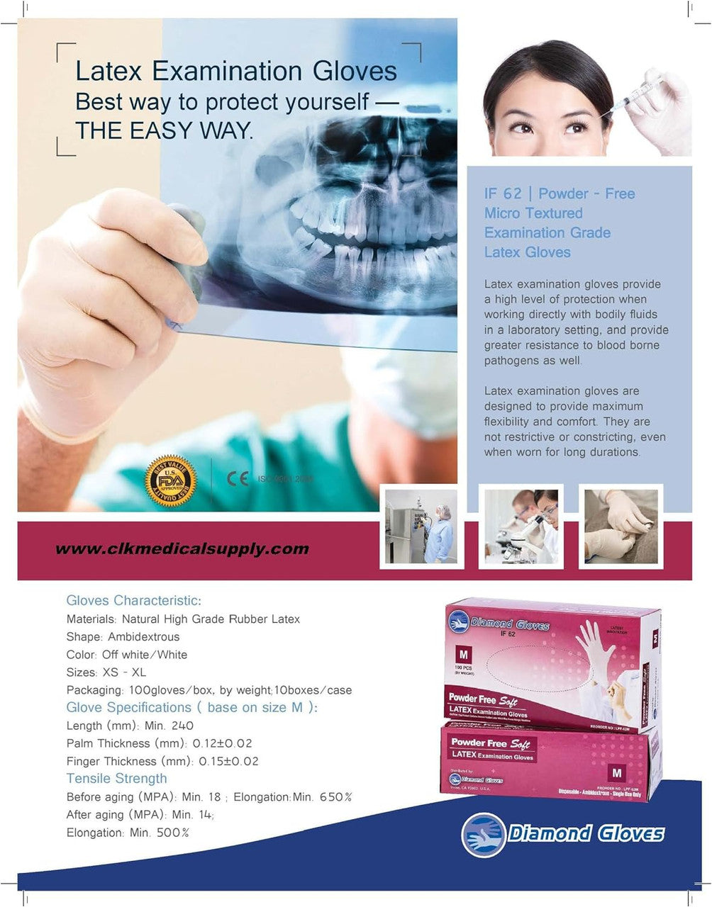 Diamond Advance Latex Examination Powder Free Gloves (Medical) Natural White, 6.2g, 6 mil, CE, FDA, Case of 10 boxes, 100/box (Maximum Protection) - SMALL