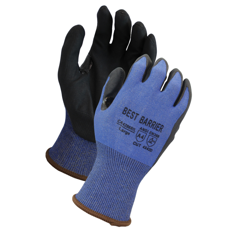ANSI Cut Level A4, 18 Gauge, Black <br> Micro-Foam Nitrile Coated Gloves With Reinforced Thumb Crotch <br> CA4286R