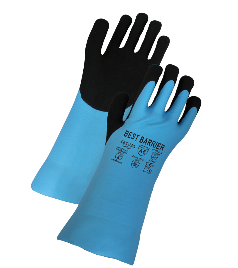 BEST BARRIER ANSI Cut A6, 14" Gauntlet Blue Nitrile Coating - Model CA6014 - 12 Pairs