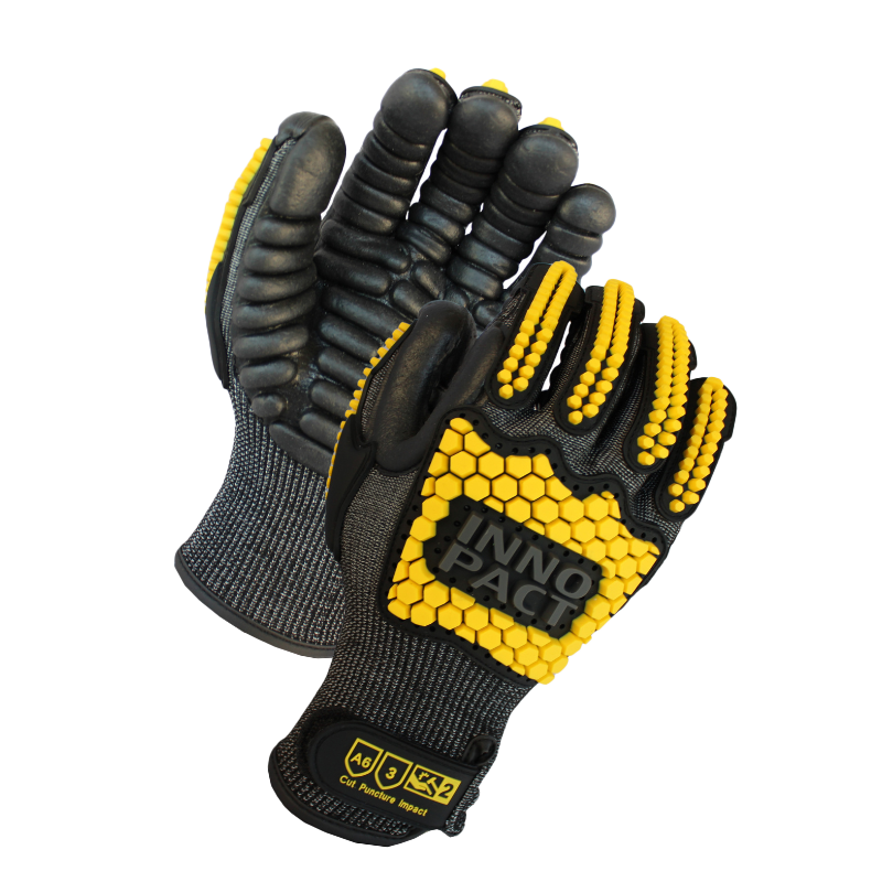 INNOPACT ANSI Cut A6, 15 Gauge, Black Anti-Vibration Palm Padded Gloves With Hook-and-Loop Closure - Model CA6250TVAI - 1 Pair
