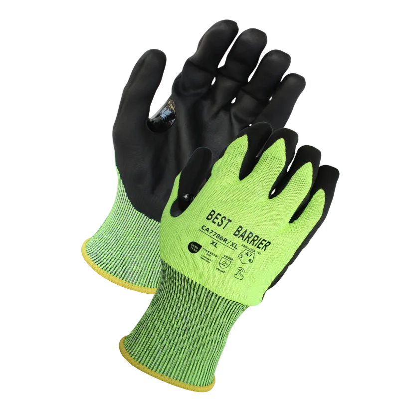 Pair of black and green gloves with 'Best Barrier' branding on a white background