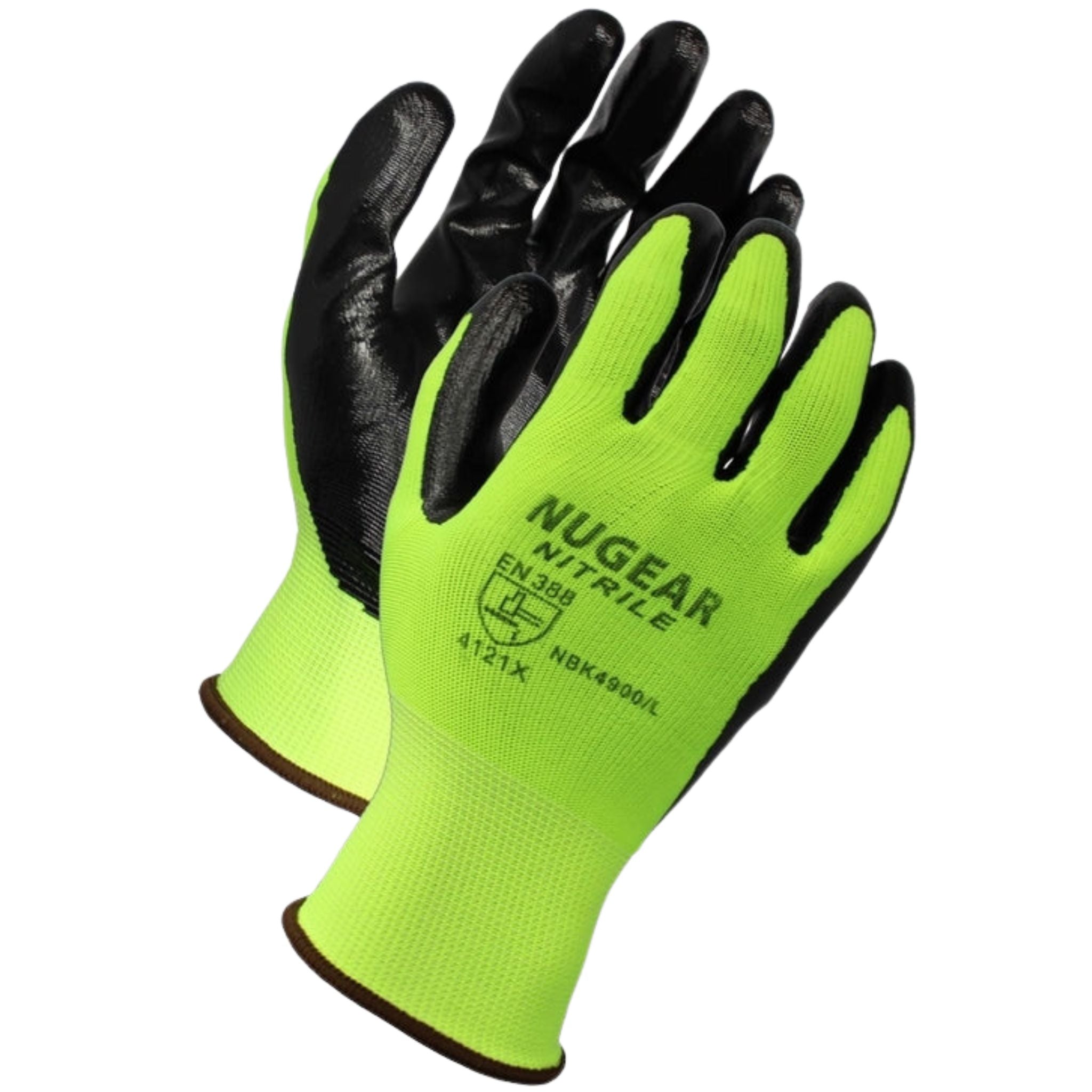 13 Gauge,  Hi-Viz Yellow Green <br> Polyester Knit Shell Black <br> Nitrile Palm Coated <br> Gloves <br> NBK4900
