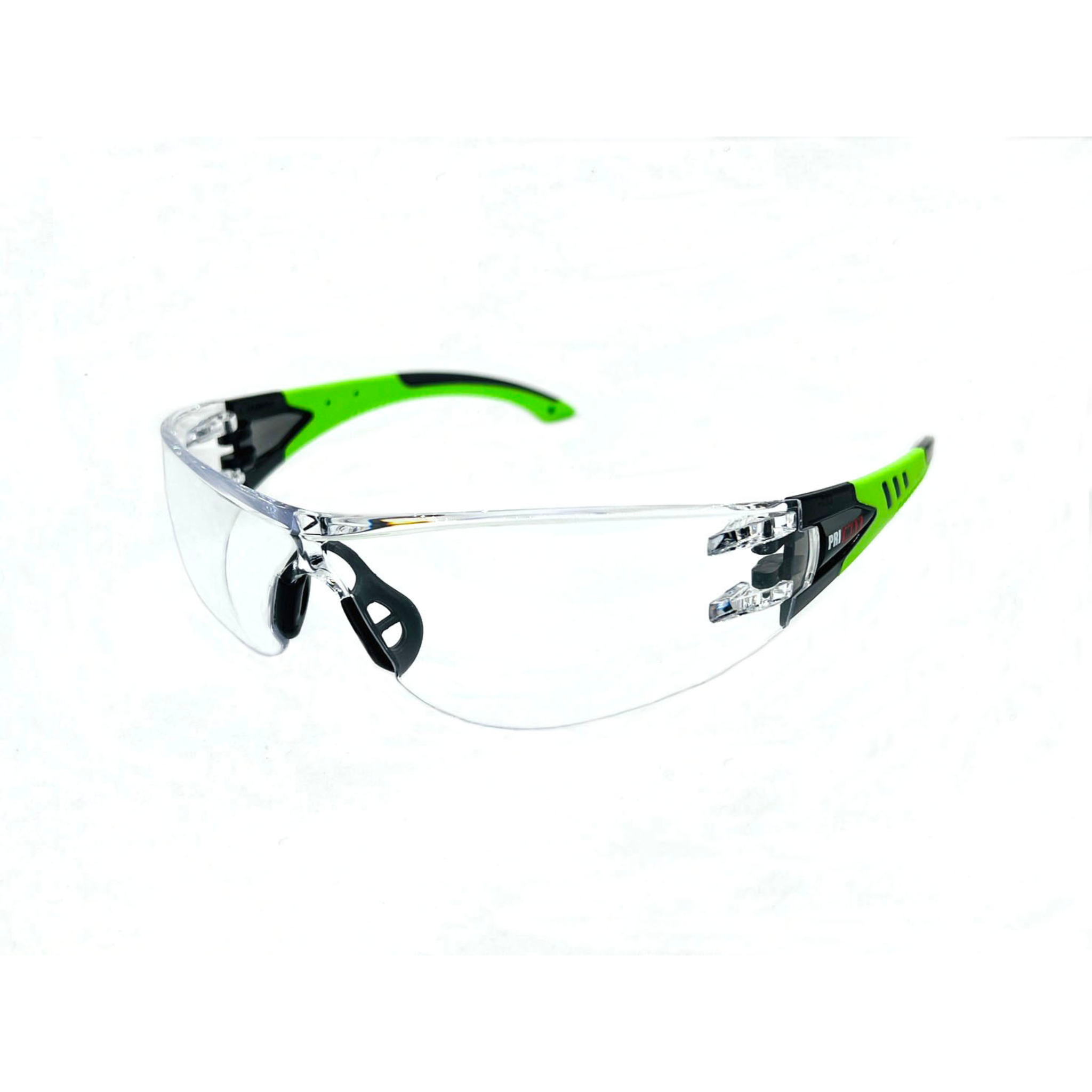 Rimless Safety Glasses With Hi-Viz Green/Black Temple, Ribbed Rubber Nosepiece, Clear Lens and Extreme Anti-Scratch/Anti-Fog Coating <br> SG50C/AF/E