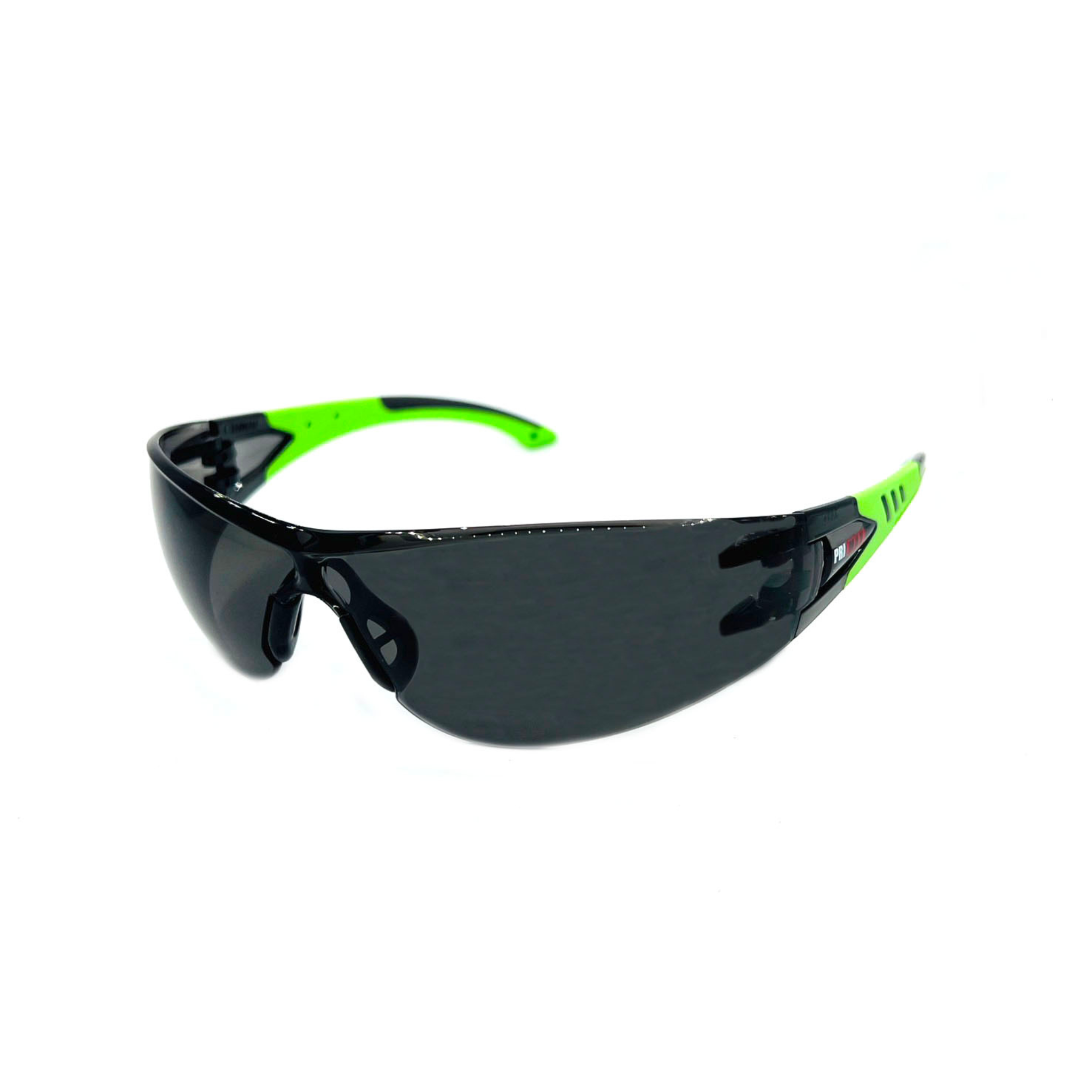 Rimless Safety Glasses With Hi-Viz Green/Black Temple, Ribbed Rubber Nosepiece, Gray Lens and Anti-Scratch/Anti-Fog Coating<br> SG50G/AF