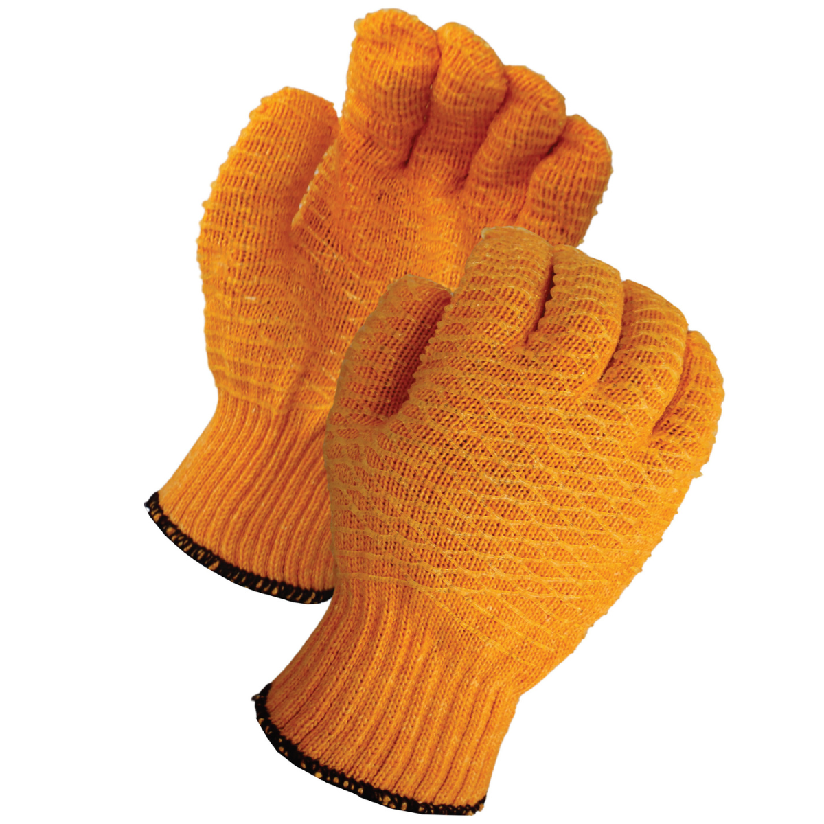 Pair of orange gloves with black cuffs on a white background