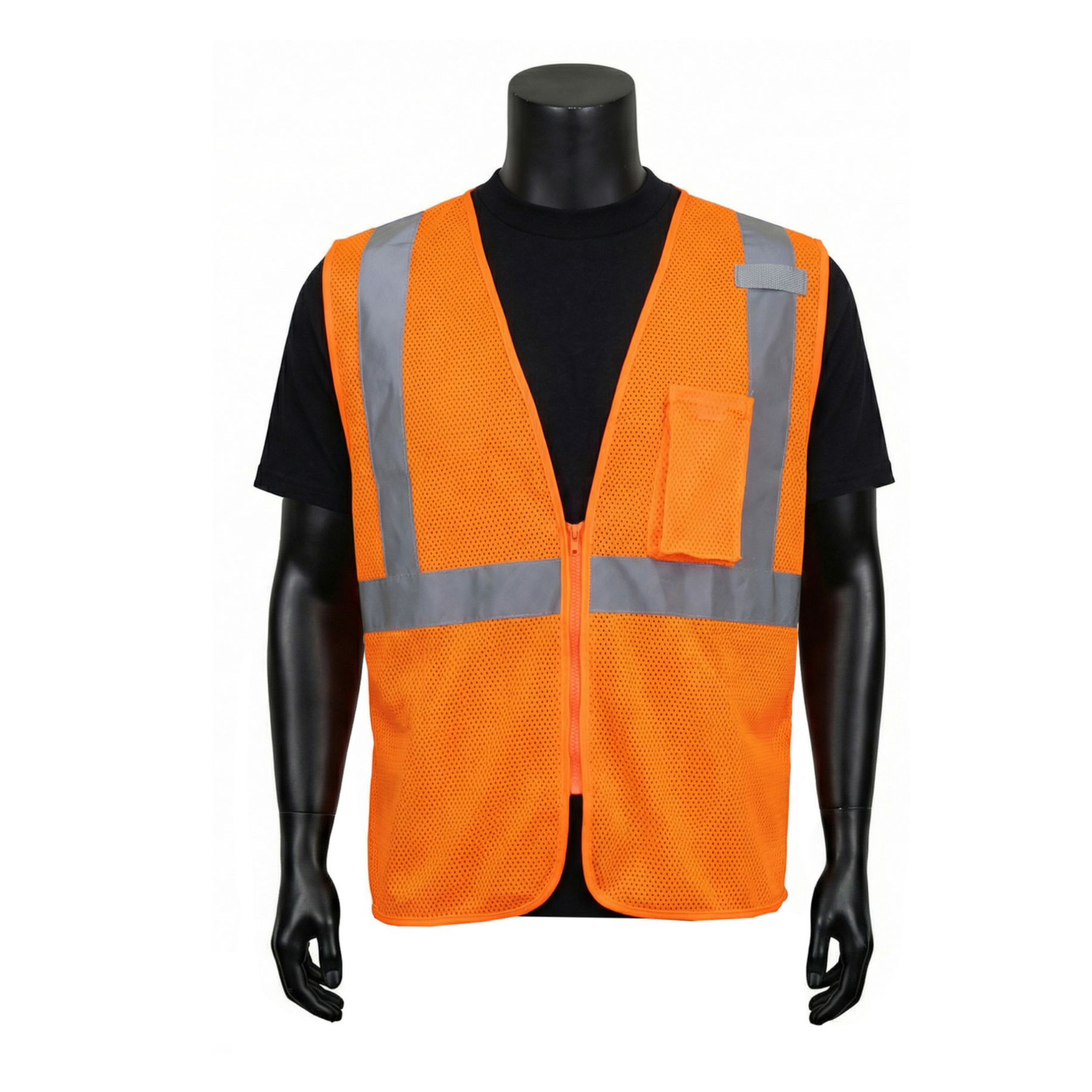INOO-SHIELD Class 2 Hi-Viz Orange Mesh Safety Vest with 2-Inch Silver Reflective Tape, Zipper Front, Chest Pocket and Mic Tab - Model SV2602F - 36 Pieces/Case