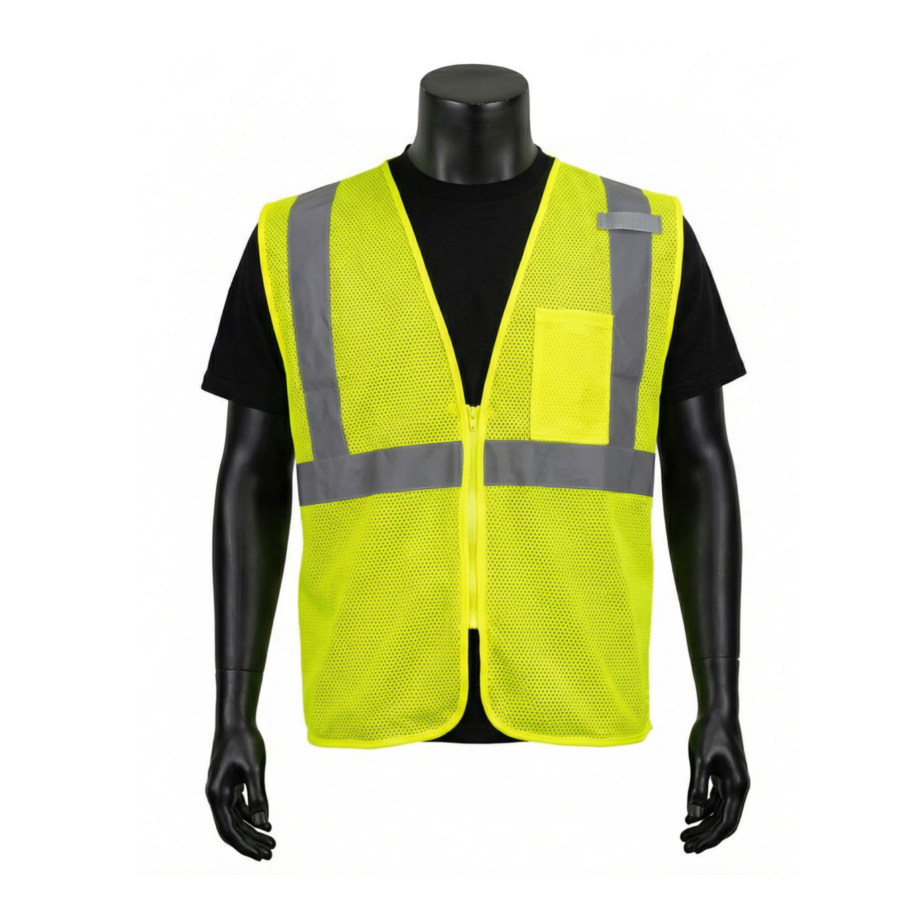 INOO-SHIELD Class 2 Hi-Viz Lime Green Mesh Safety Vest with 2-Inch Silver Reflective Tape, Zipper Front, Chest Pocket and Mic Tab - Model SV2602G - 36 Pieces/Case