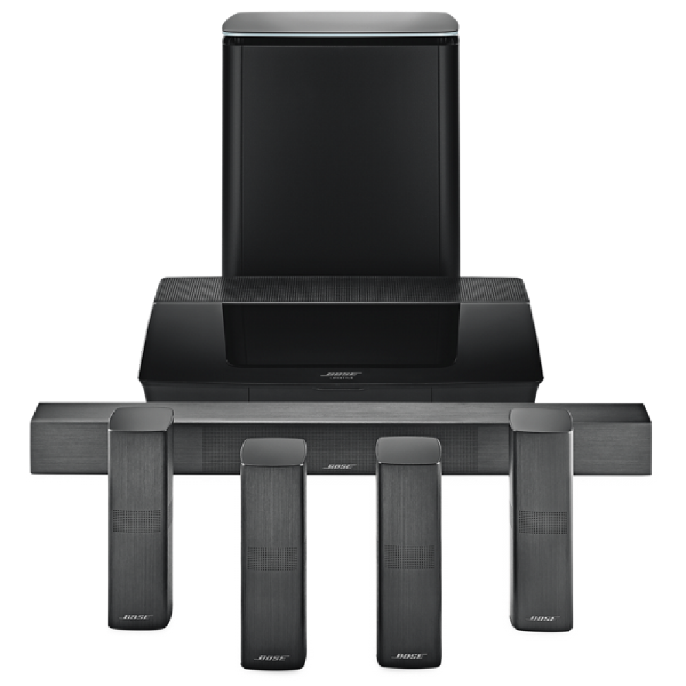 Bose Lifestyle 650 in black, showing the control console, four OmniJewel satellite speakers, center speaker and bass module