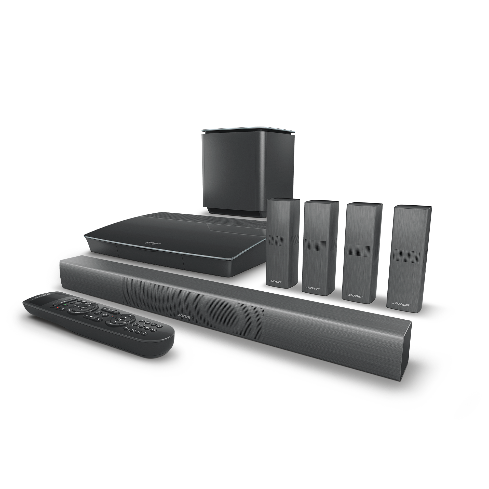 Angled view of the black Bose Lifestyle 650 system with OmniJewel speakers, bass module, control console and remote