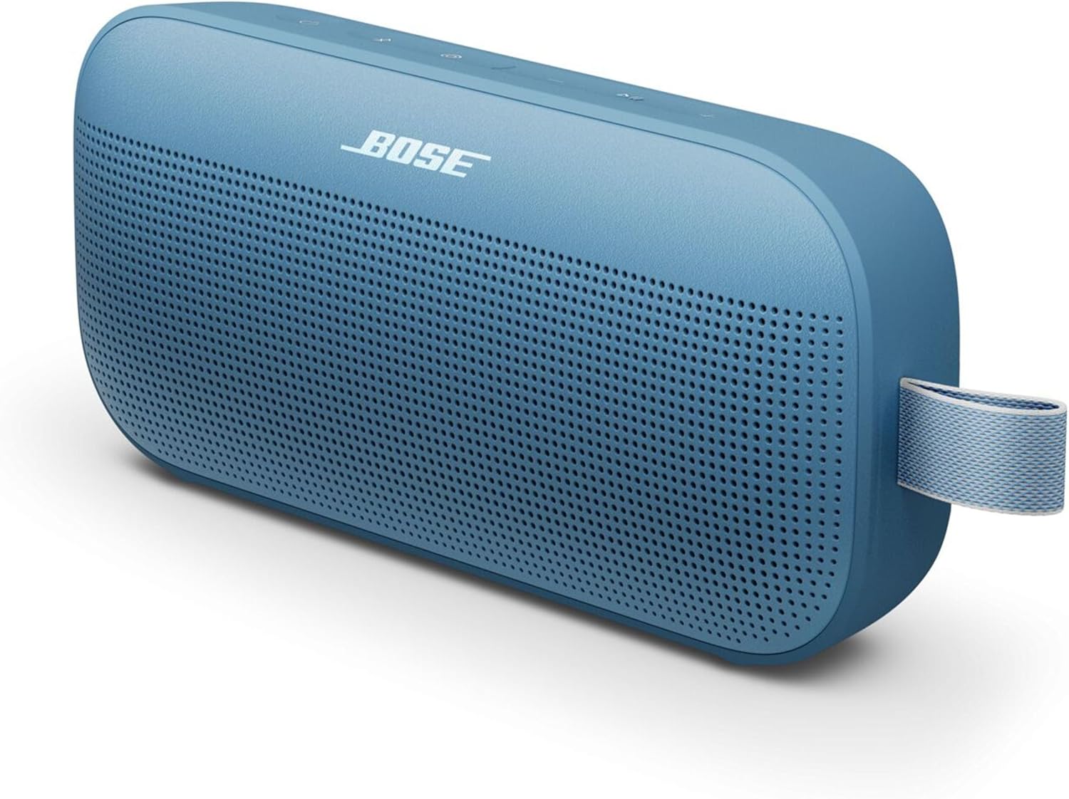 Bose SoundLink Flex 2nd Gen in Blue Dusk, angled front view showing the speaker grille, top controls and fabric loop