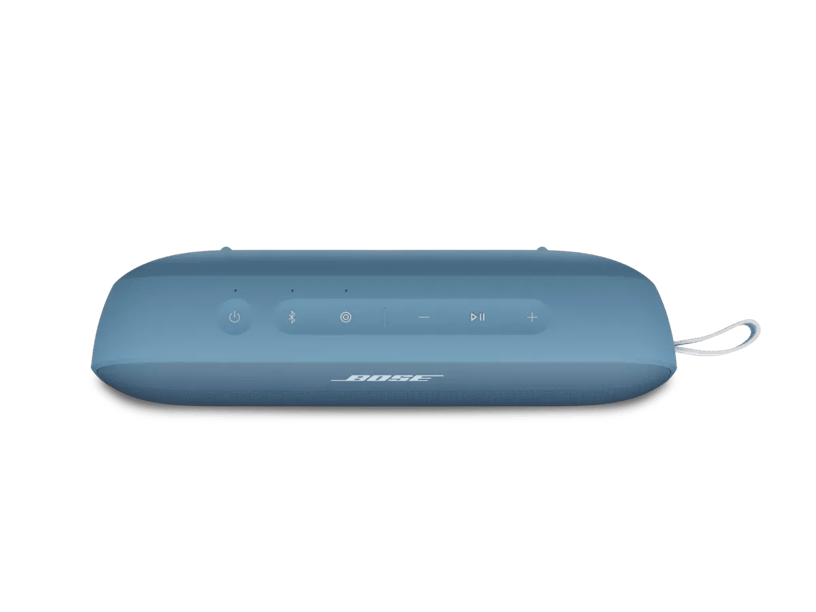 Top view of the Blue Dusk Bose SoundLink Flex 2nd Gen showing power, Bluetooth, shortcut, playback and volume controls