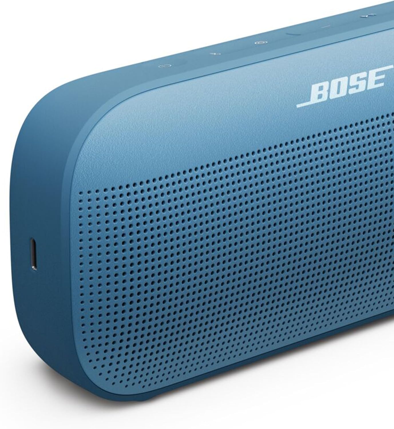 Close-up of the Blue Dusk Bose SoundLink Flex 2nd Gen showing the front grille, top buttons and side USB-C charging port