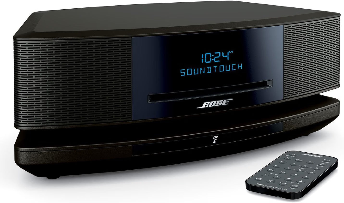 Bose Wave SoundTouch Music System IV Espresso Black angled view with remote