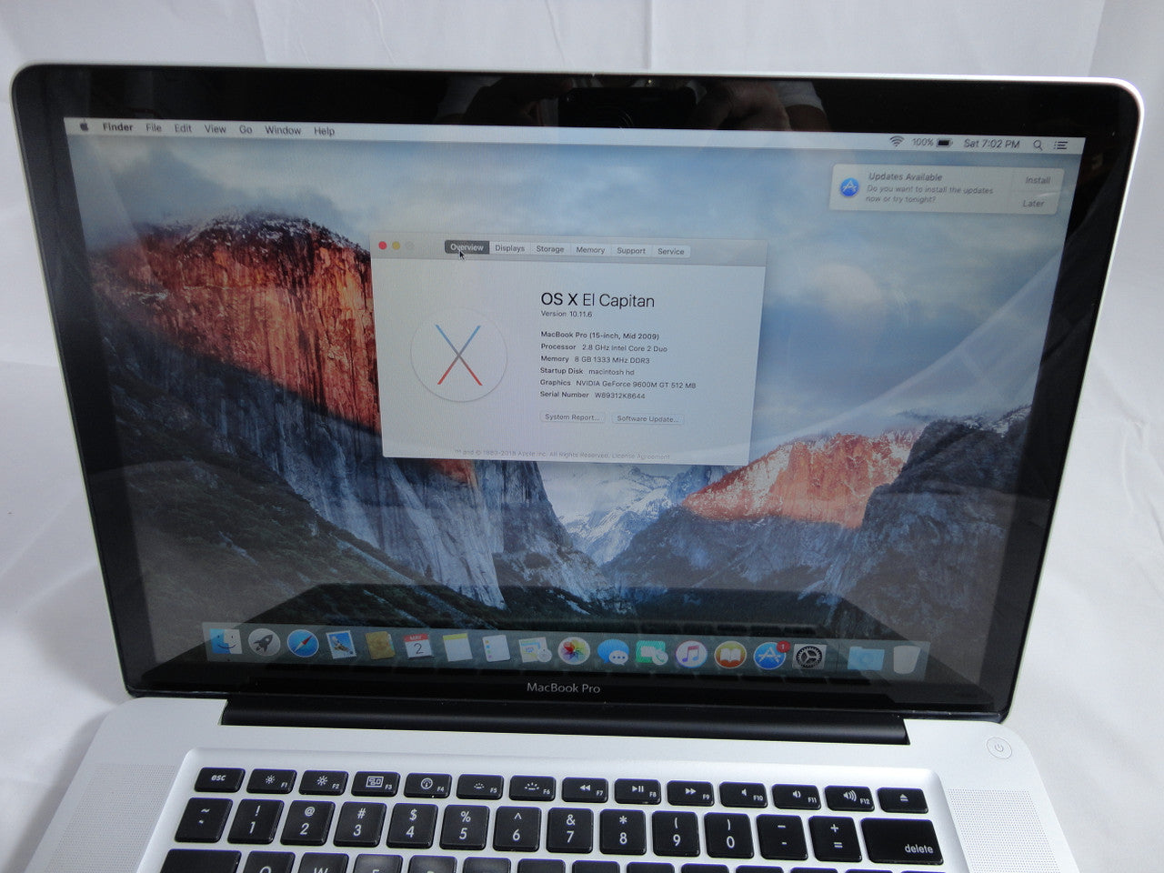 Apple MacBook Pro MB986LL/A 15.4-Inch Laptop 2.8GHz 8GB DDR3 Memory 100GB SSD (Solid State Drive) DVD Burner Mac OS El Capitan VG